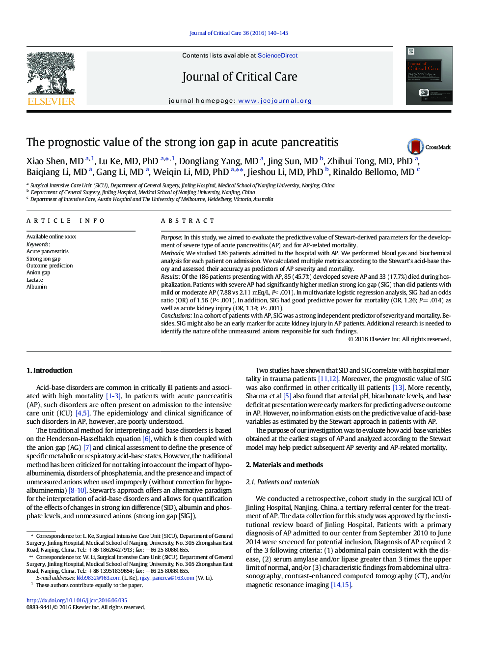 The prognostic value of the strong ion gap in acute pancreatitis