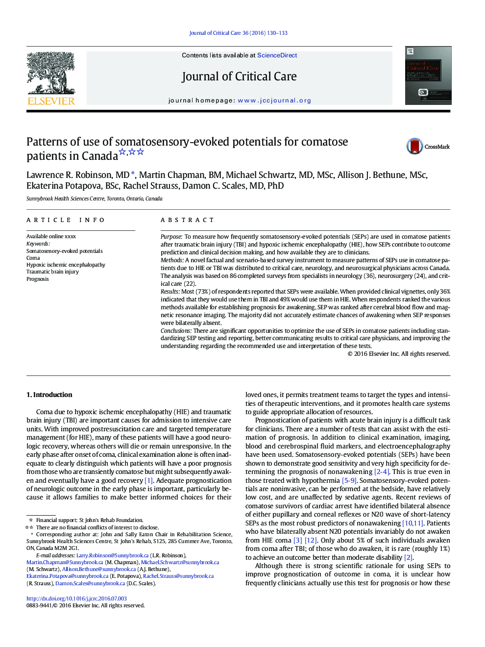 Patterns of use of somatosensory-evoked potentials for comatose patients in Canada 