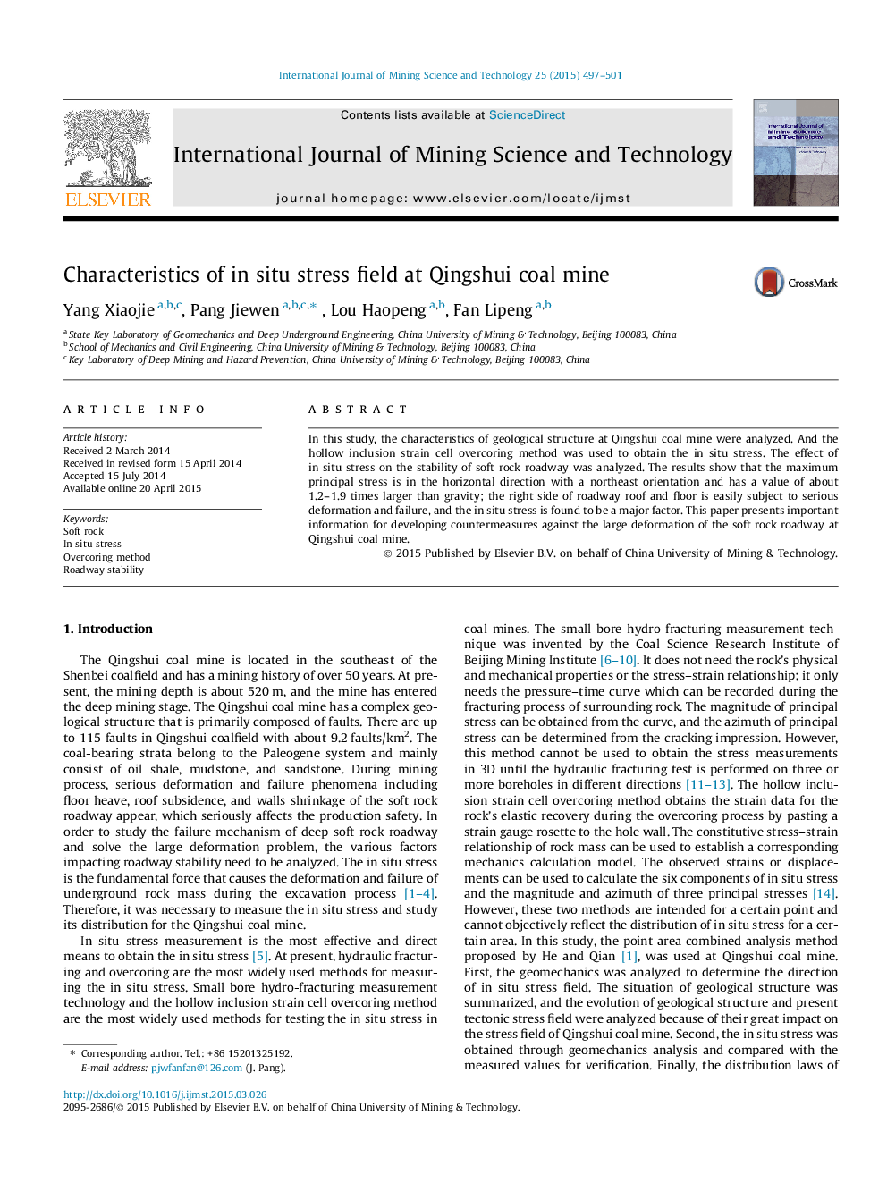 Characteristics of in situ stress field at Qingshui coal mine