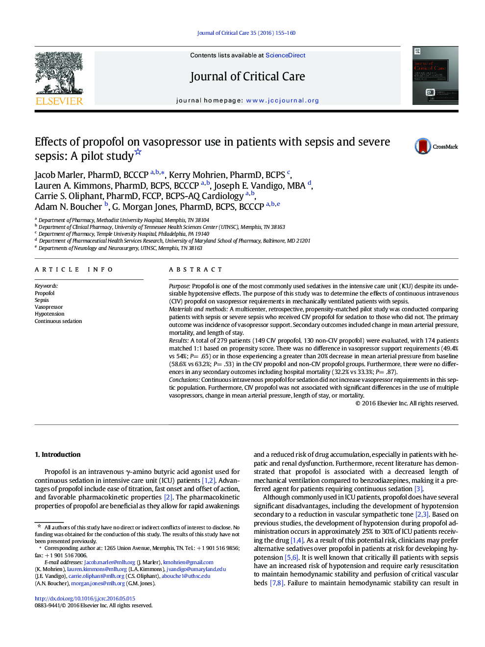 Effects of propofol on vasopressor use in patients with sepsis and severe sepsis: A pilot study 