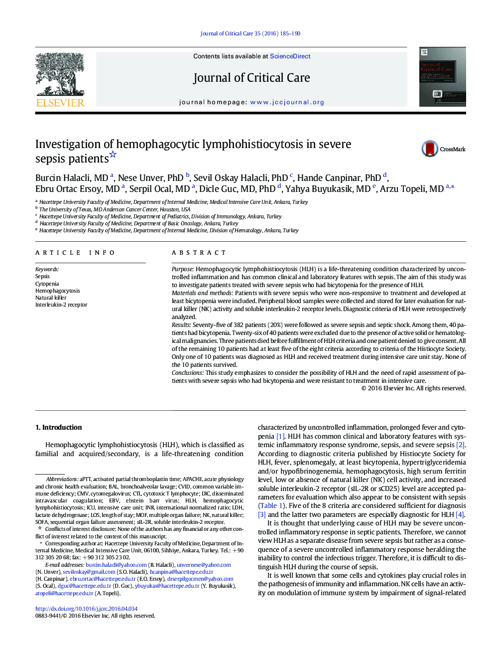 Investigation of hemophagocytic lymphohistiocytosis in severe sepsis patients 