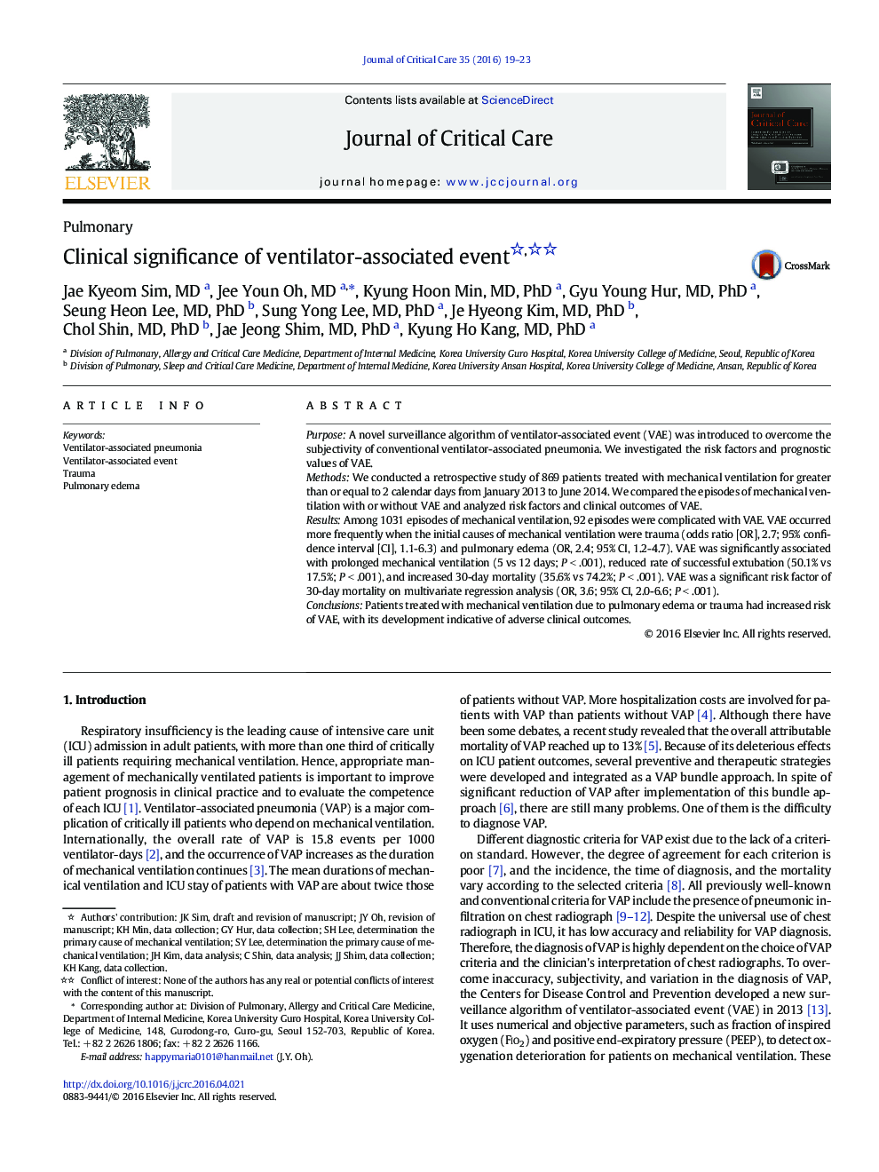 Clinical significance of ventilator-associated event 