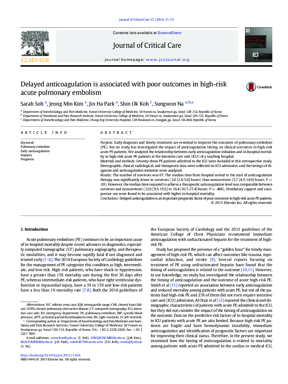 Delayed anticoagulation is associated with poor outcomes in high-risk acute pulmonary embolism