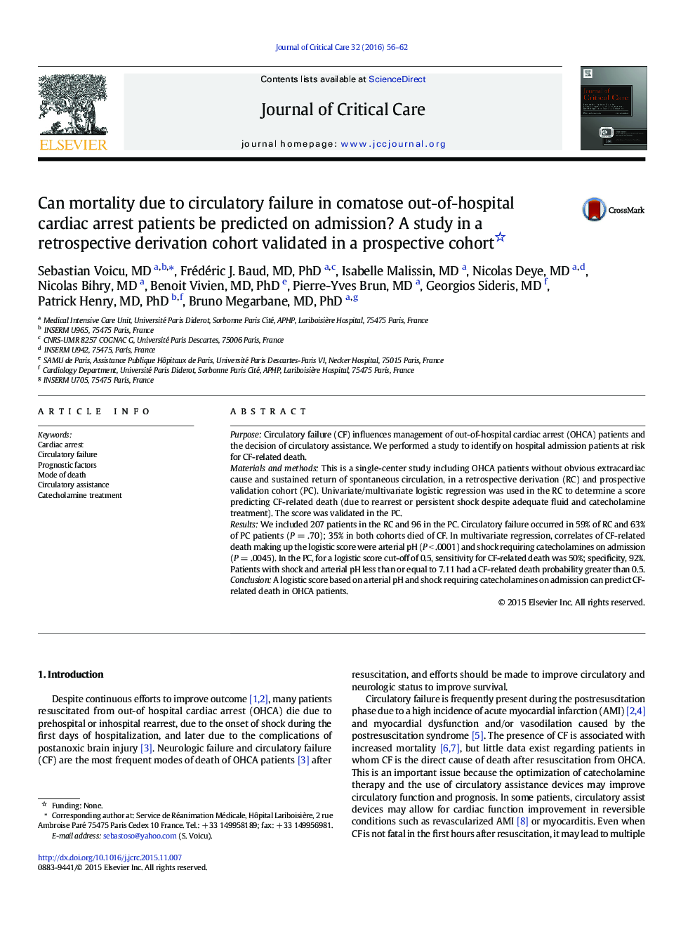 Can mortality due to circulatory failure in comatose out-of-hospital cardiac arrest patients be predicted on admission? A study in a retrospective derivation cohort validated in a prospective cohort 