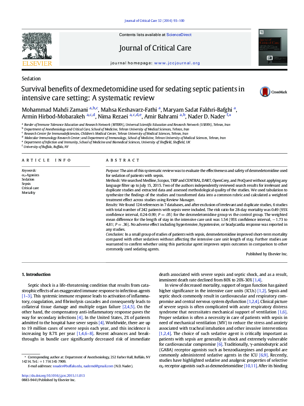 Survival benefits of dexmedetomidine used for sedating septic patients in intensive care setting: A systematic review