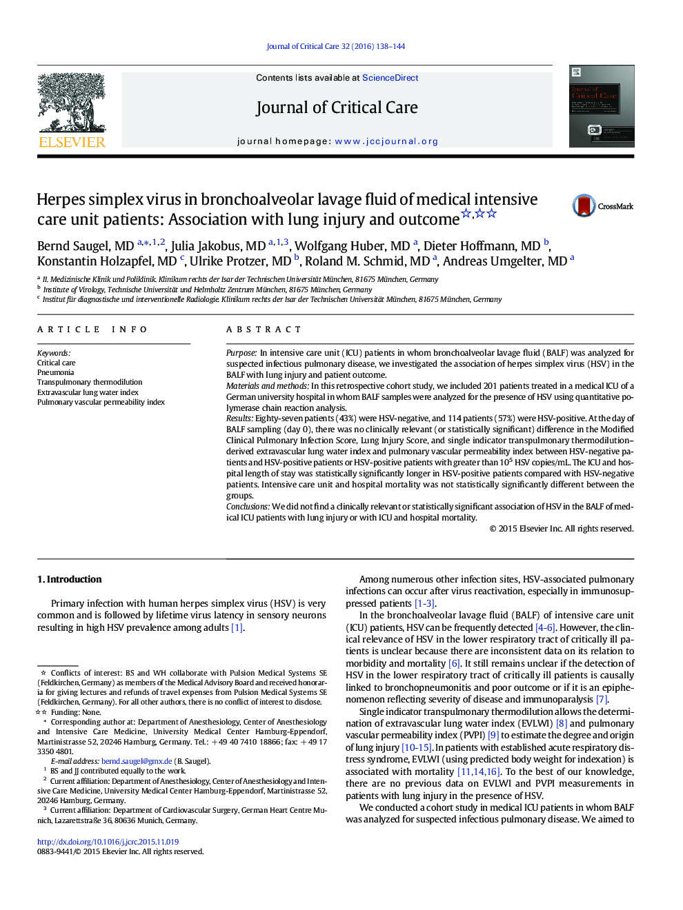 Herpes simplex virus in bronchoalveolar lavage fluid of medical intensive care unit patients: Association with lung injury and outcome 