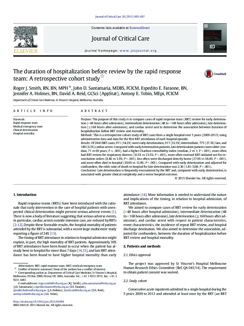 The duration of hospitalization before review by the rapid response team: A retrospective cohort study 