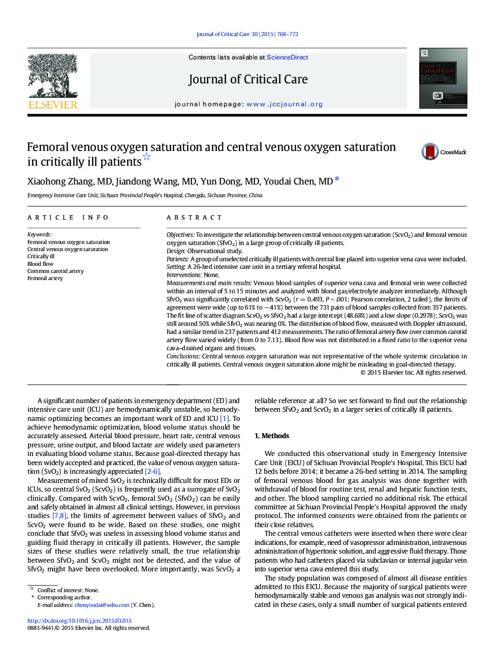 Femoral venous oxygen saturation and central venous oxygen saturation in critically ill patients 