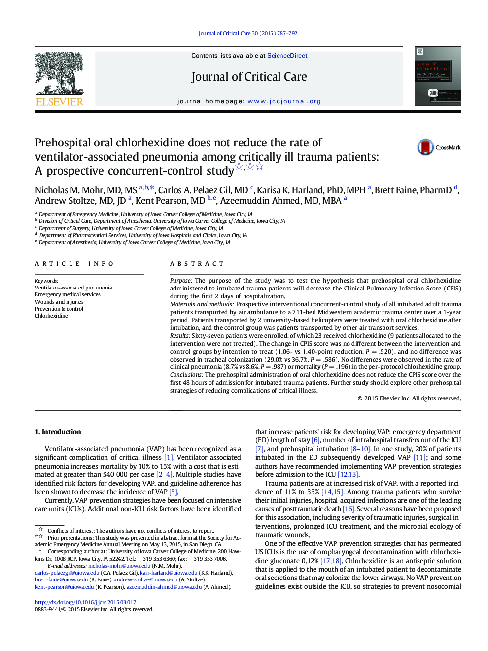 Prehospital oral chlorhexidine does not reduce the rate of ventilator-associated pneumonia among critically ill trauma patients: A prospective concurrent-control study 