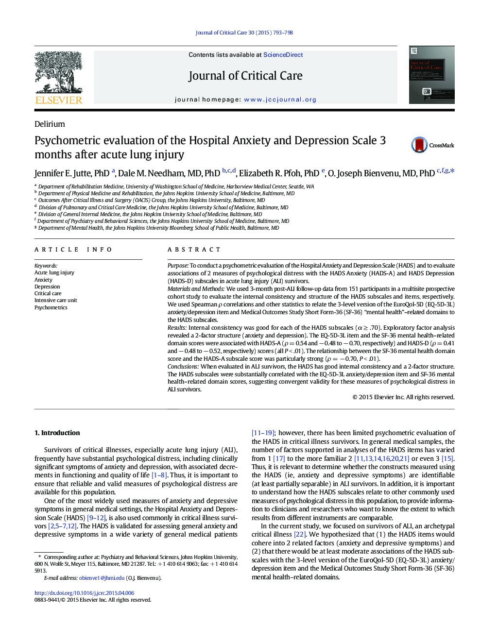 Psychometric evaluation of the Hospital Anxiety and Depression Scale 3 months after acute lung injury