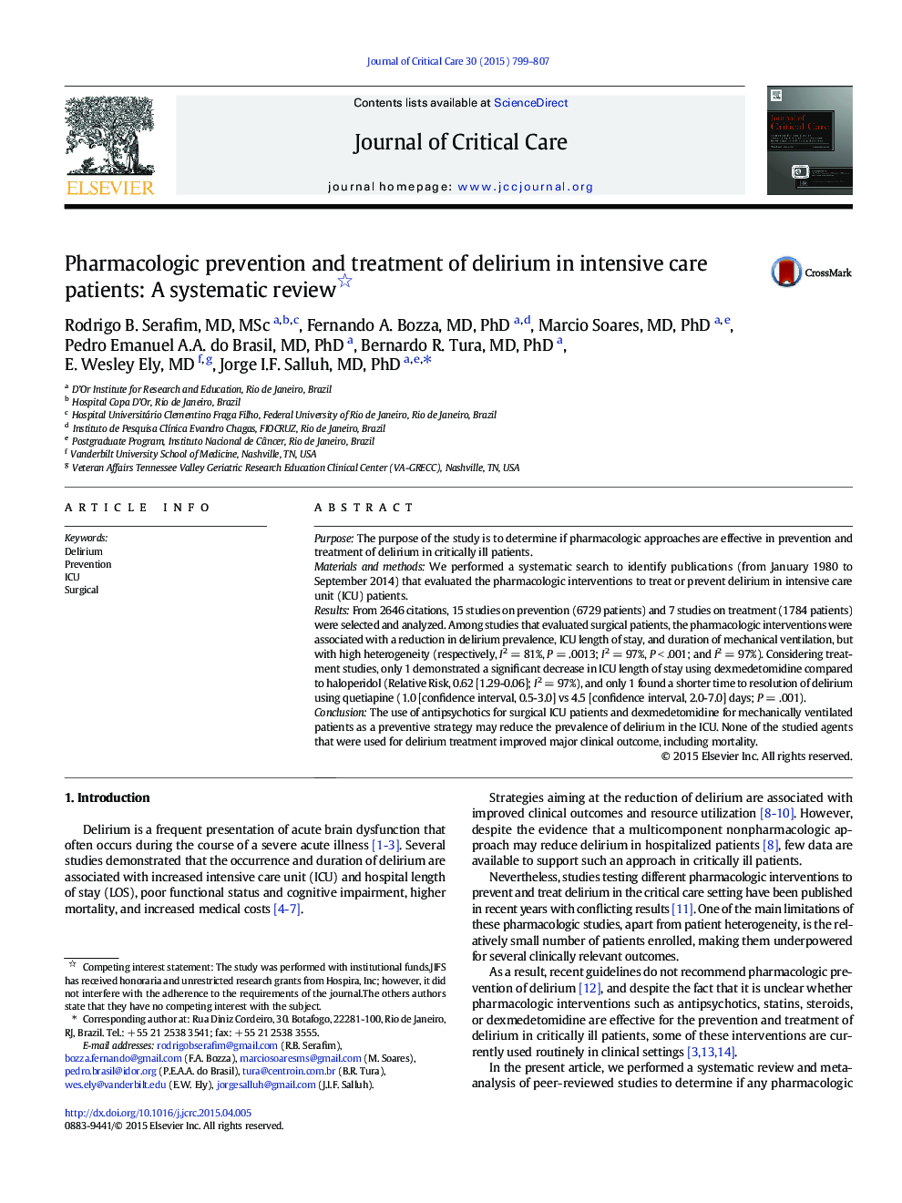 Pharmacologic prevention and treatment of delirium in intensive care patients: A systematic review 