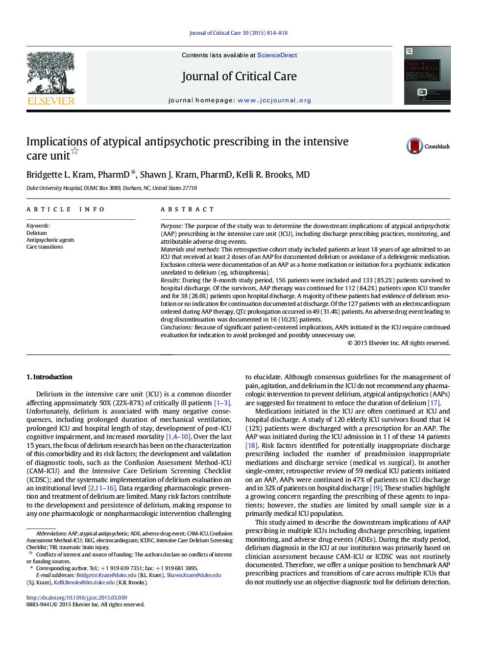 Implications of atypical antipsychotic prescribing in the intensive care unit 