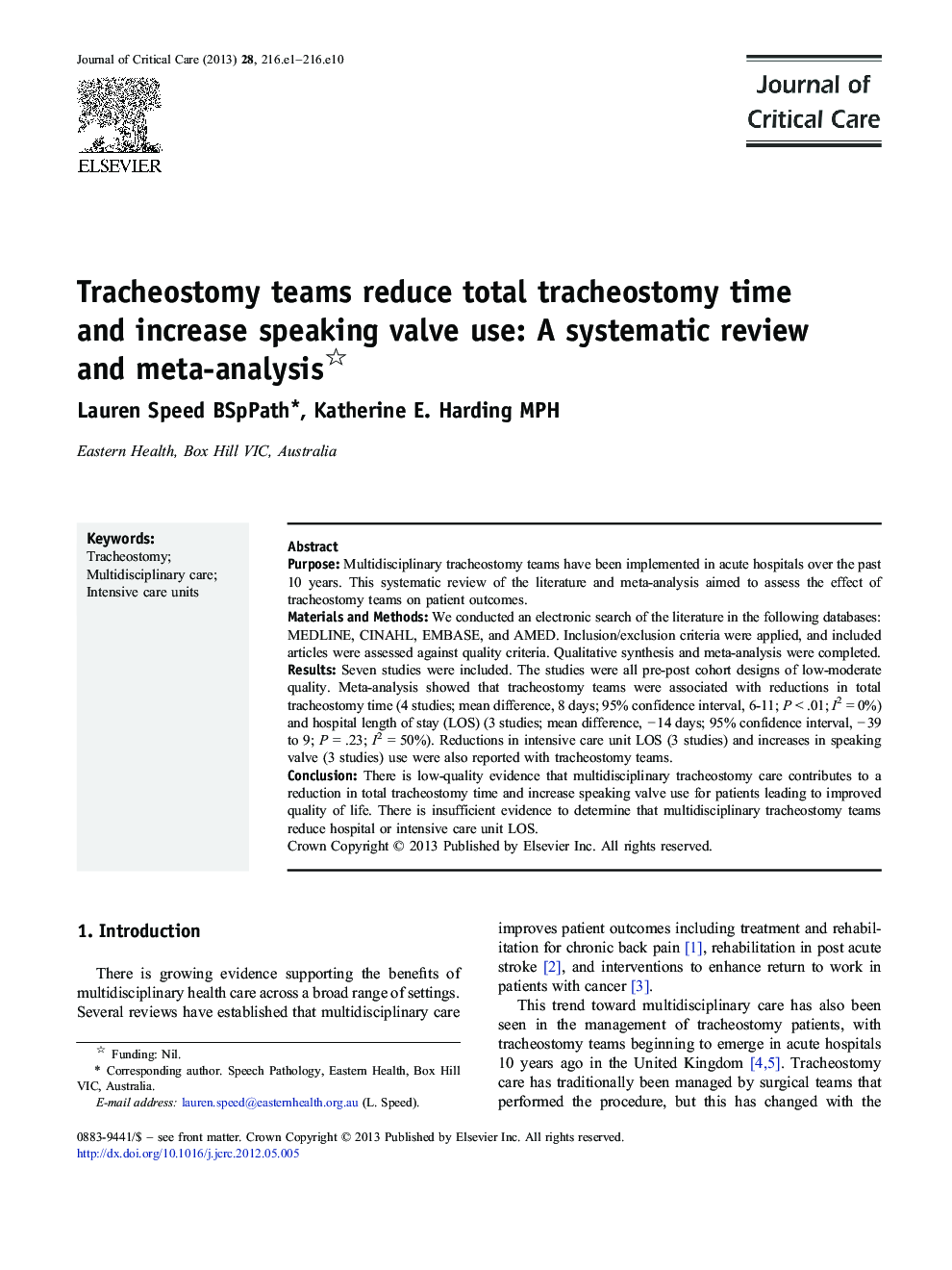 Tracheostomy teams reduce total tracheostomy time and increase speaking valve use: A systematic review and meta-analysis