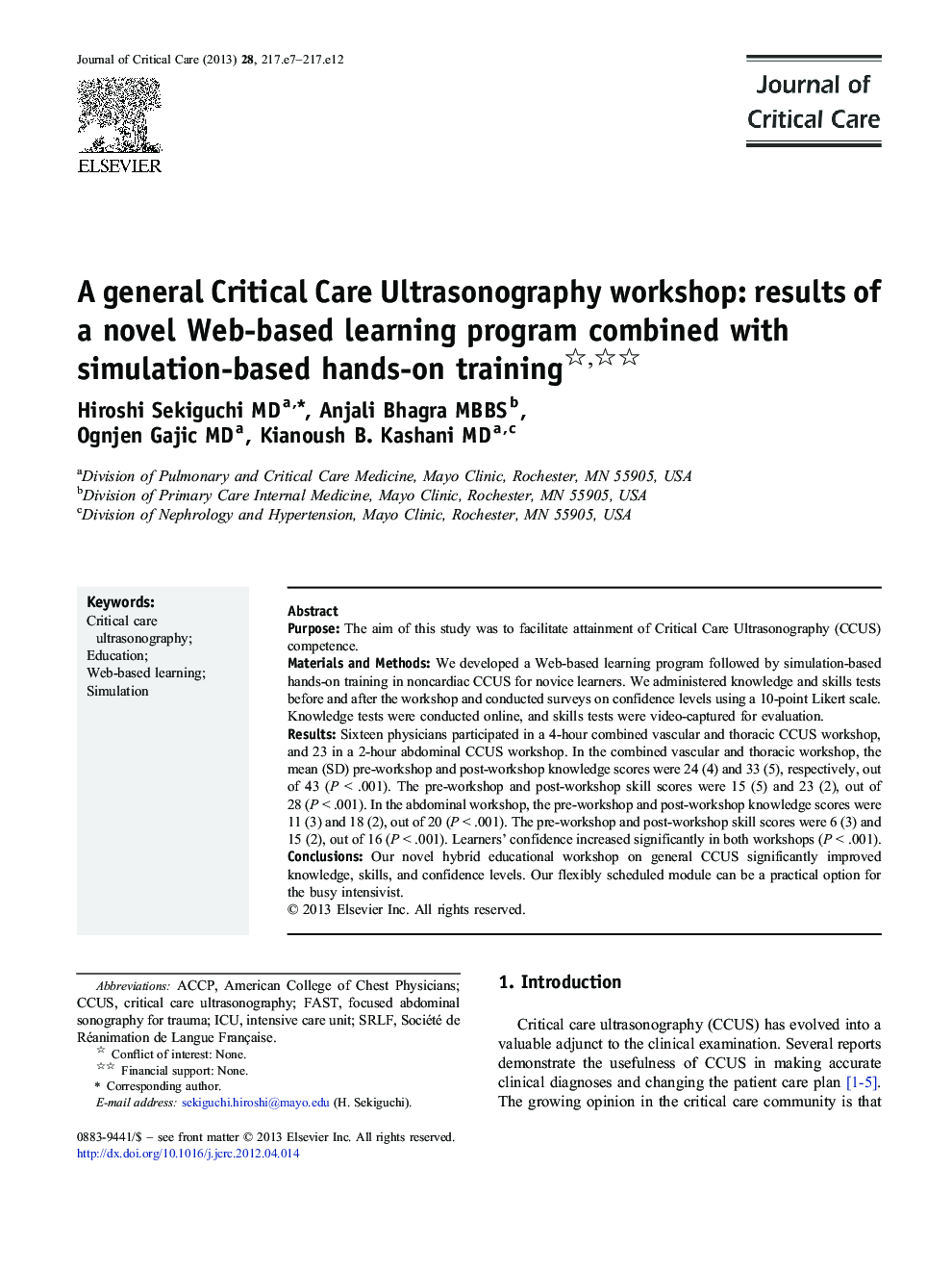 A general Critical Care Ultrasonography workshop: results of a novel Web-based learning program combined with simulation-based hands-on training