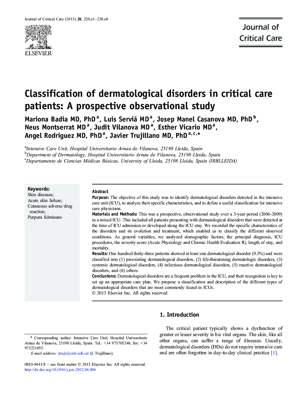 Classification of dermatological disorders in critical care patients: A prospective observational study