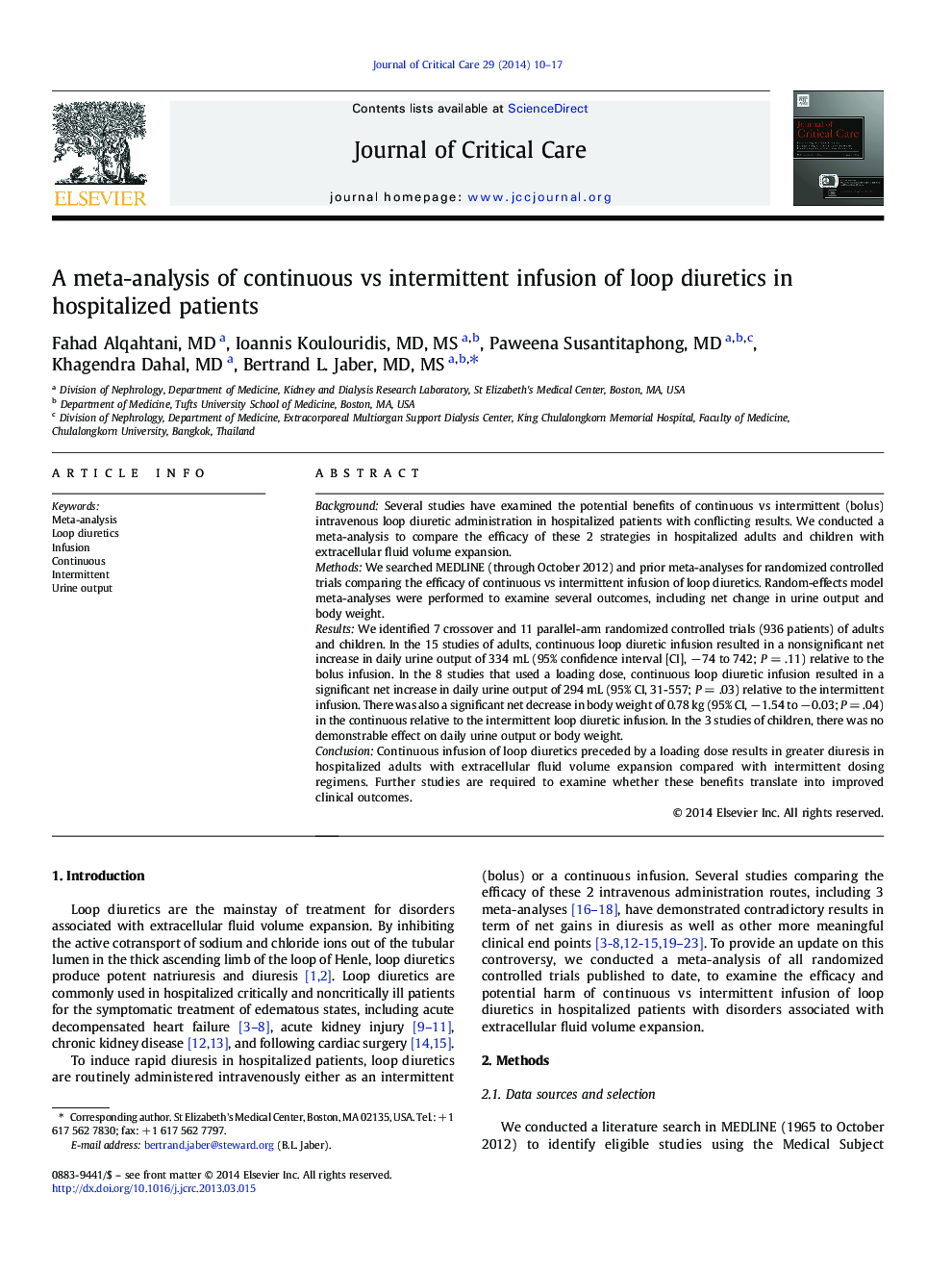 A meta-analysis of continuous vs intermittent infusion of loop diuretics in hospitalized patients