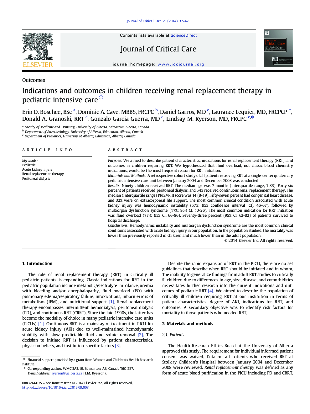 Indications and outcomes in children receiving renal replacement therapy in pediatric intensive care 