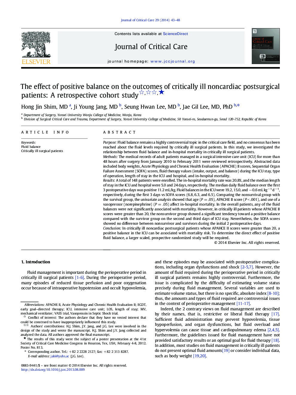 The effect of positive balance on the outcomes of critically ill noncardiac postsurgical patients: A retrospective cohort study ★