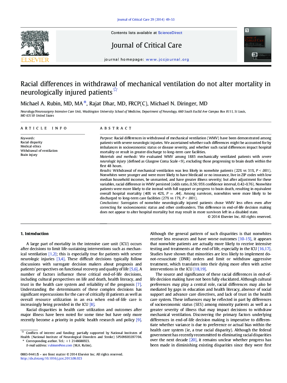 Racial differences in withdrawal of mechanical ventilation do not alter mortality in neurologically injured patients 