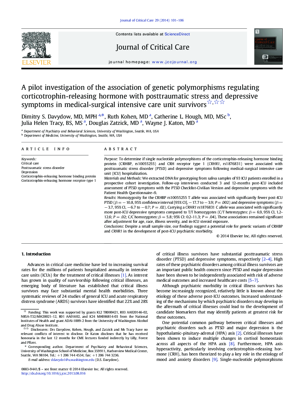 A pilot investigation of the association of genetic polymorphisms regulating corticotrophin-releasing hormone with posttraumatic stress and depressive symptoms in medical-surgical intensive care unit survivors 