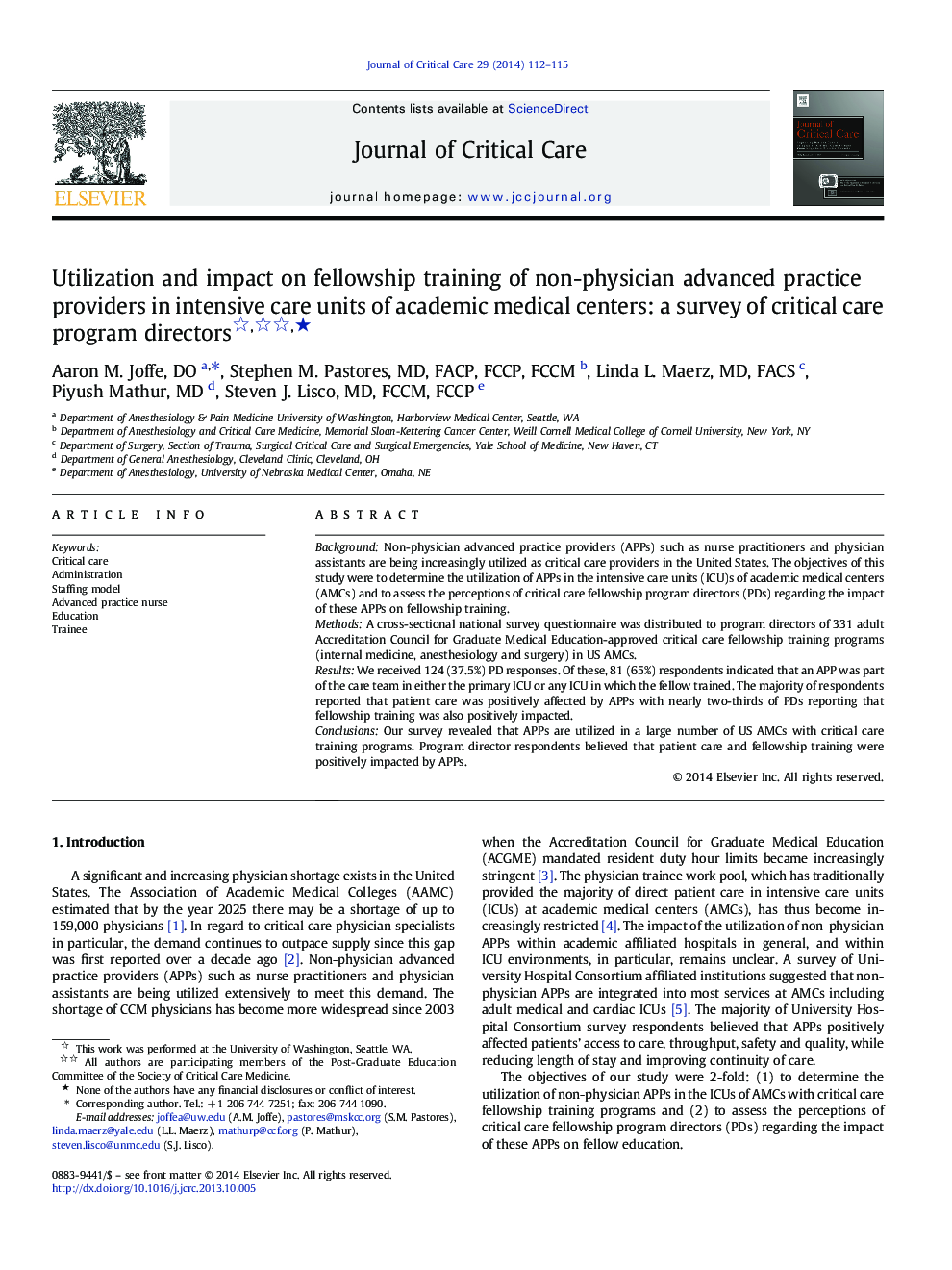 Utilization and impact on fellowship training of non-physician advanced practice providers in intensive care units of academic medical centers: a survey of critical care program directors ★