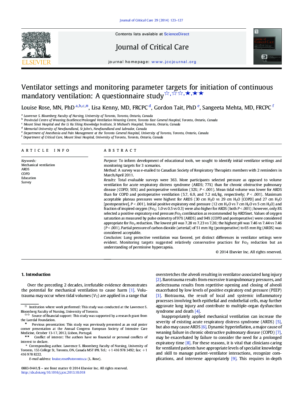 Ventilator settings and monitoring parameter targets for initiation of continuous mandatory ventilation: A questionnaire study ★★★