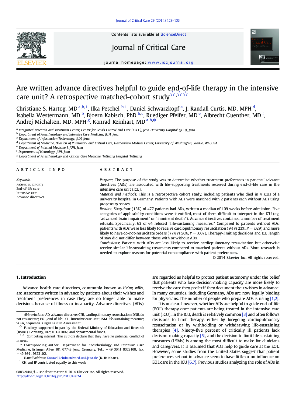 Are written advance directives helpful to guide end-of-life therapy in the intensive care unit? A retrospective matched-cohort study 