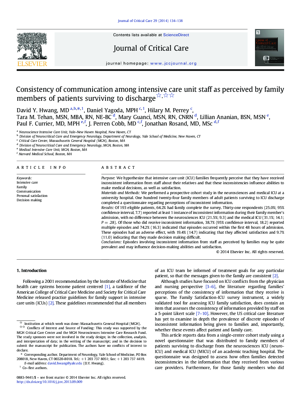 Consistency of communication among intensive care unit staff as perceived by family members of patients surviving to discharge 