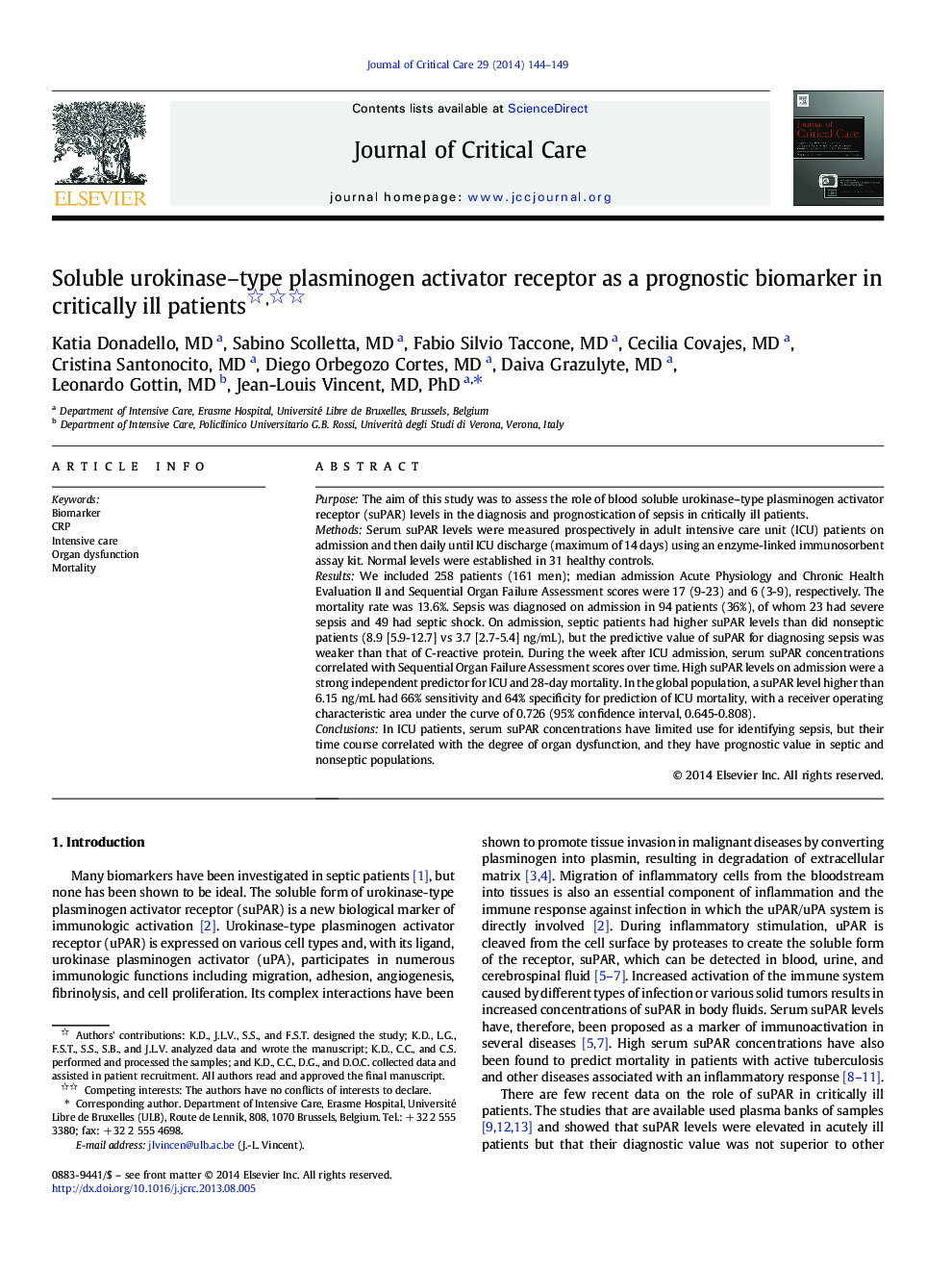 Soluble urokinase–type plasminogen activator receptor as a prognostic biomarker in critically ill patients 