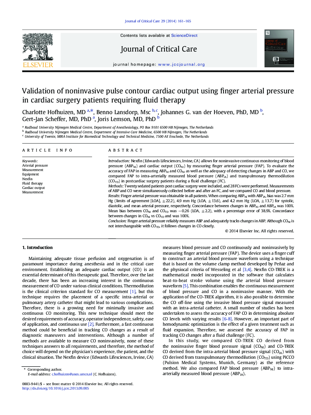 Validation of noninvasive pulse contour cardiac output using finger arterial pressure in cardiac surgery patients requiring fluid therapy