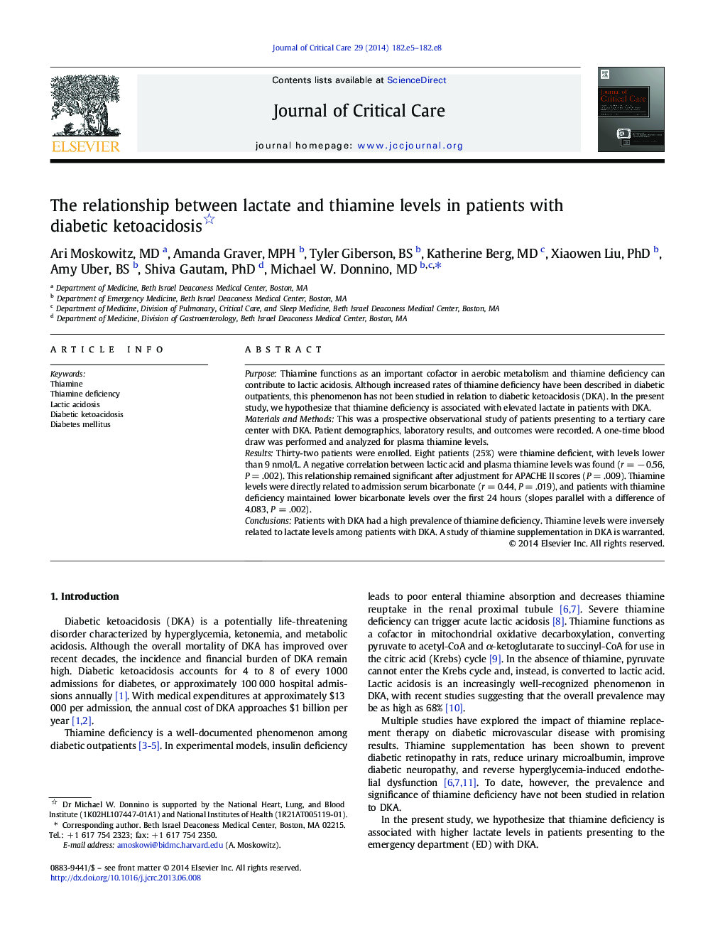 The relationship between lactate and thiamine levels in patients with diabetic ketoacidosis