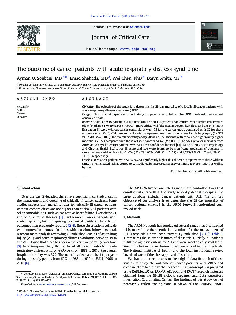 The outcome of cancer patients with acute respiratory distress syndrome