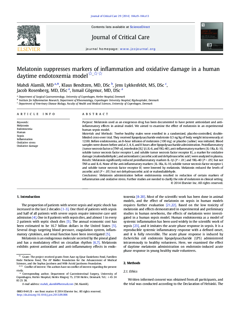 Melatonin suppresses markers of inflammation and oxidative damage in a human daytime endotoxemia model