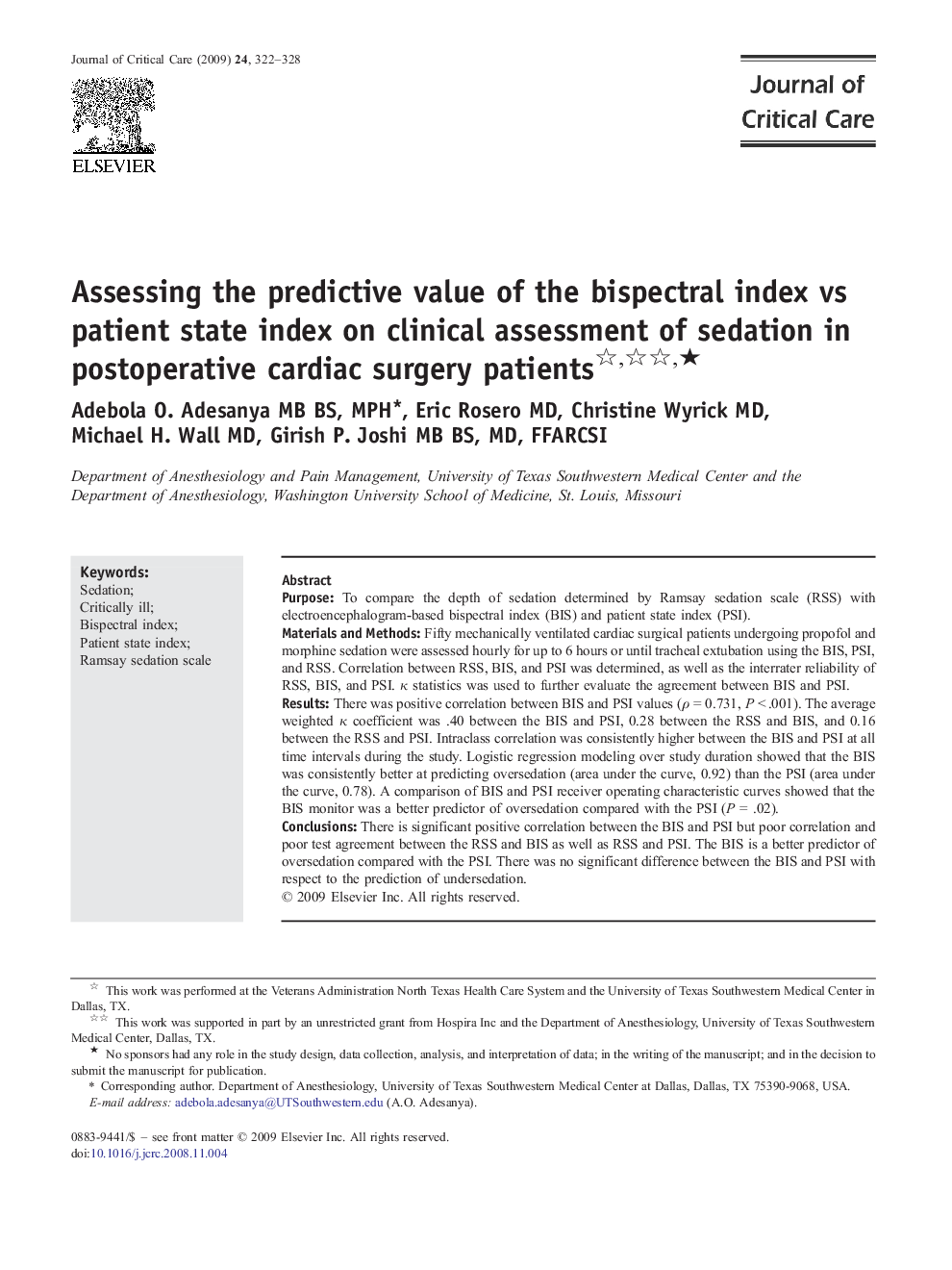 Assessing the predictive value of the bispectral index vs patient state index on clinical assessment of sedation in postoperative cardiac surgery patients ★