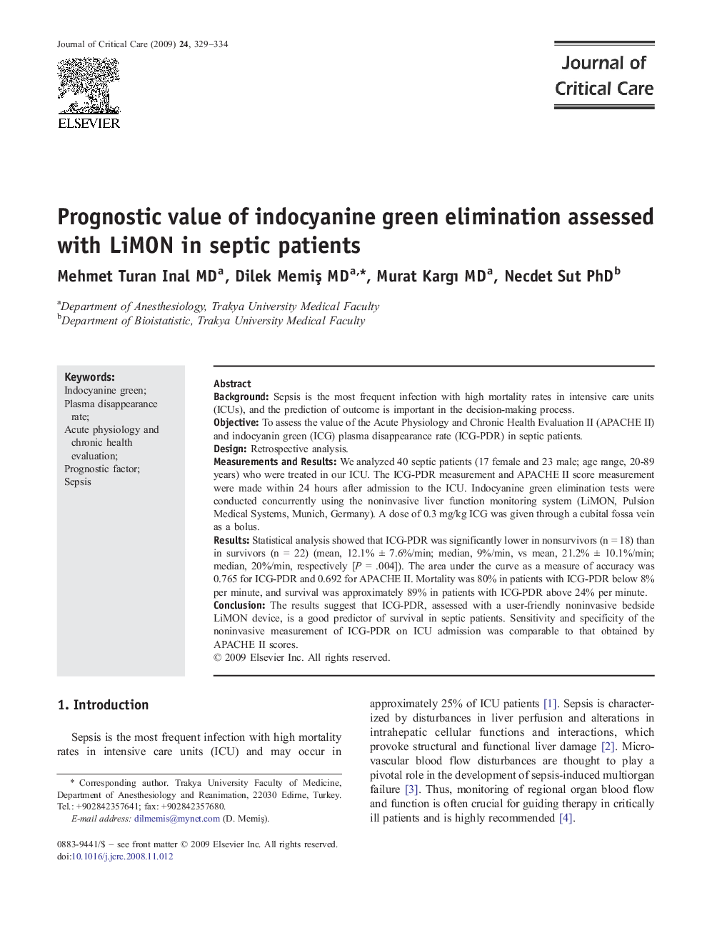 Prognostic value of indocyanine green elimination assessed with LiMON in septic patients