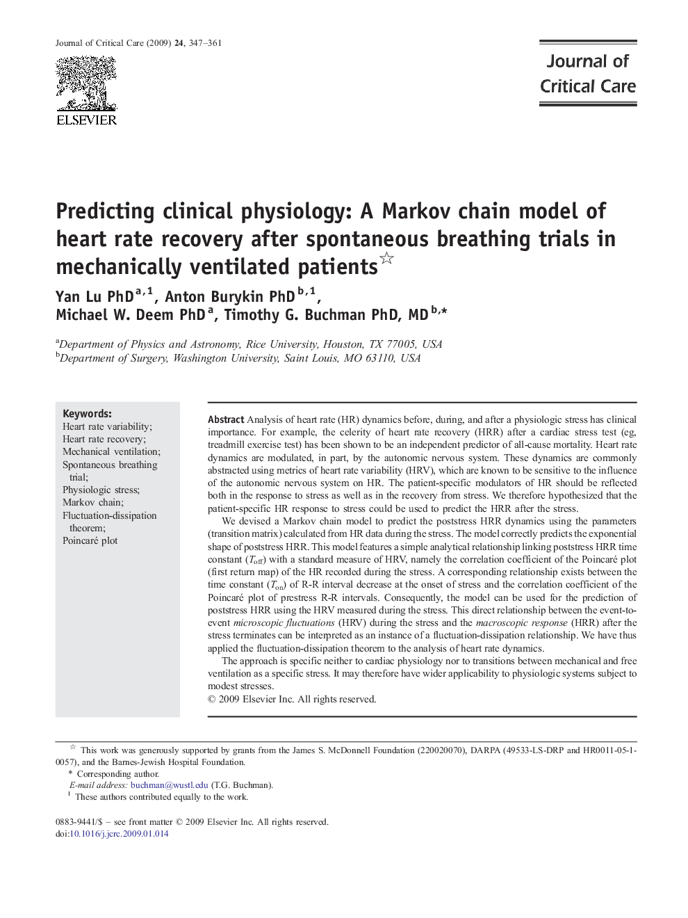 Predicting clinical physiology: A Markov chain model of heart rate recovery after spontaneous breathing trials in mechanically ventilated patients