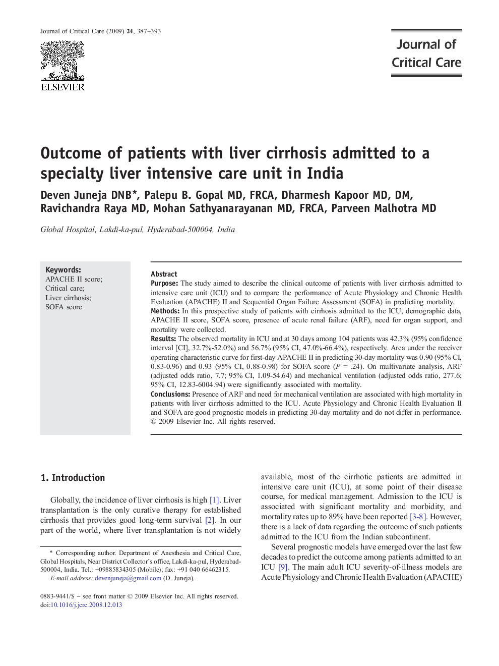 Outcome of patients with liver cirrhosis admitted to a specialty liver intensive care unit in India