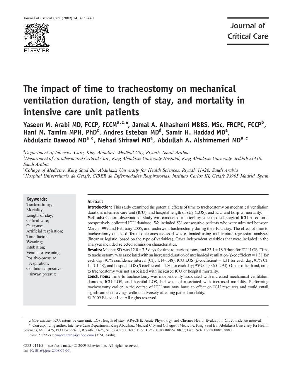 The impact of time to tracheostomy on mechanical ventilation duration, length of stay, and mortality in intensive care unit patients