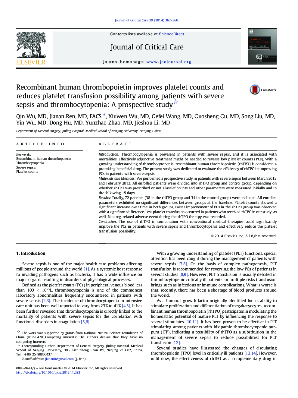 Recombinant human thrombopoietin improves platelet counts and reduces platelet transfusion possibility among patients with severe sepsis and thrombocytopenia: A prospective study 