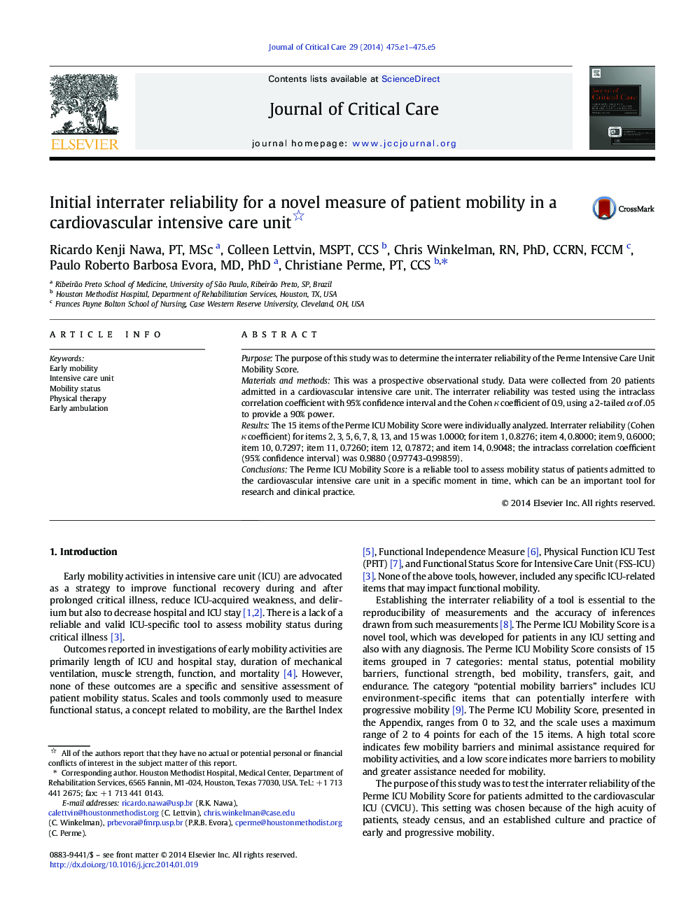 Initial interrater reliability for a novel measure of patient mobility in a cardiovascular intensive care unit