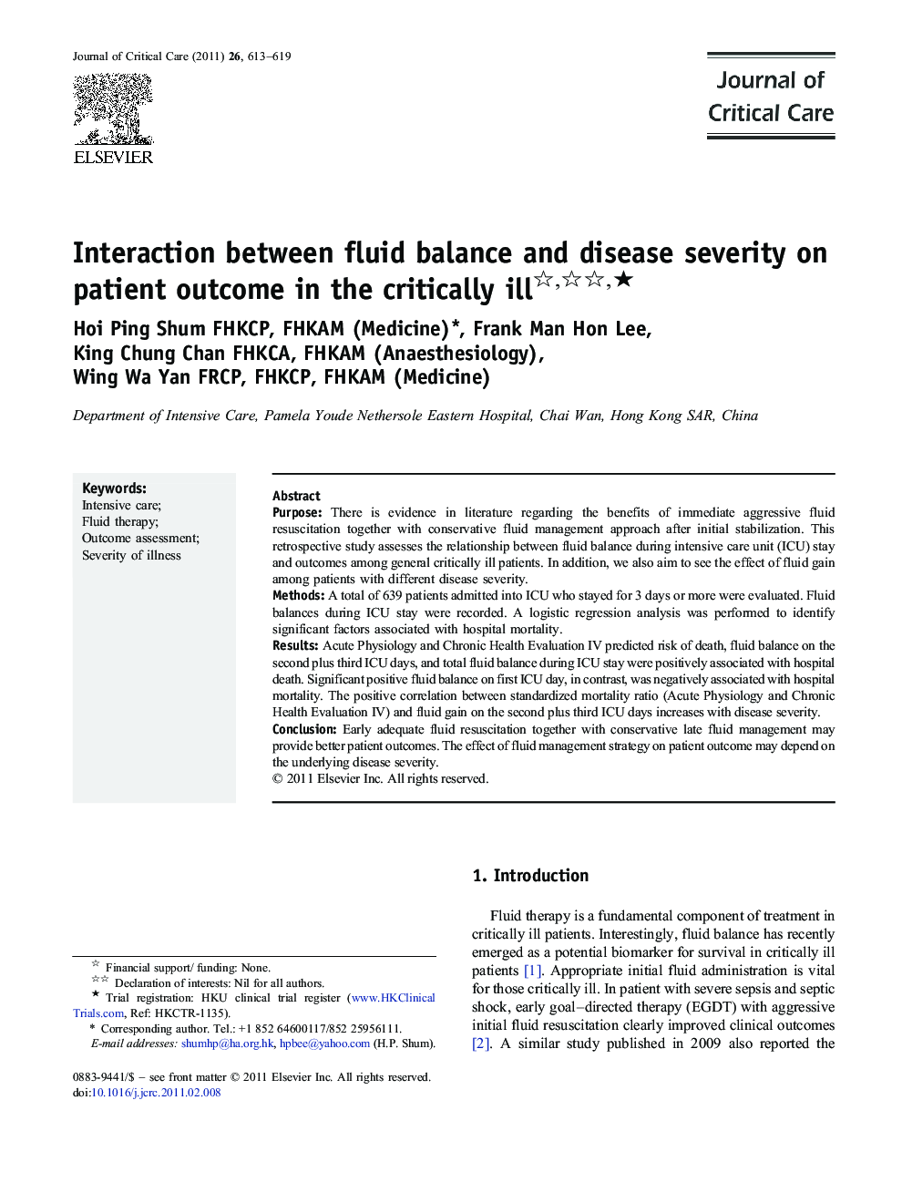 Interaction between fluid balance and disease severity on patient outcome in the critically ill ★