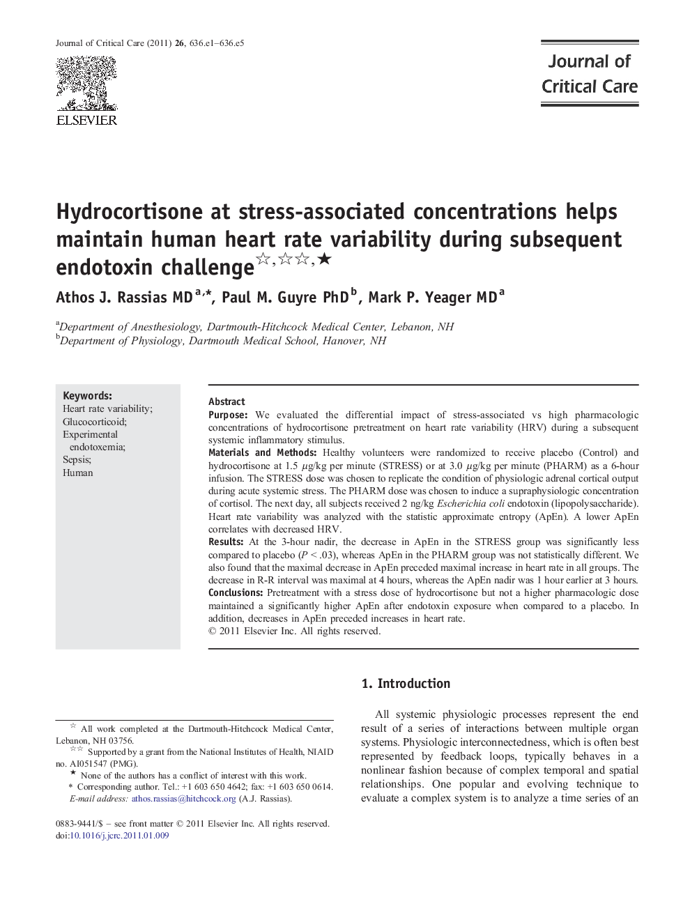 Hydrocortisone at stress-associated concentrations helps maintain human heart rate variability during subsequent endotoxin challenge