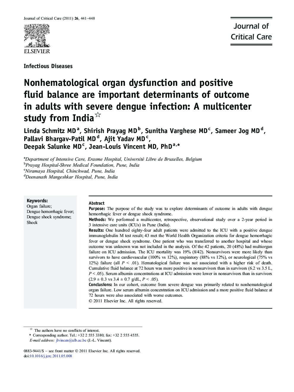 Nonhematological organ dysfunction and positive fluid balance are important determinants of outcome in adults with severe dengue infection: A multicenter study from India 