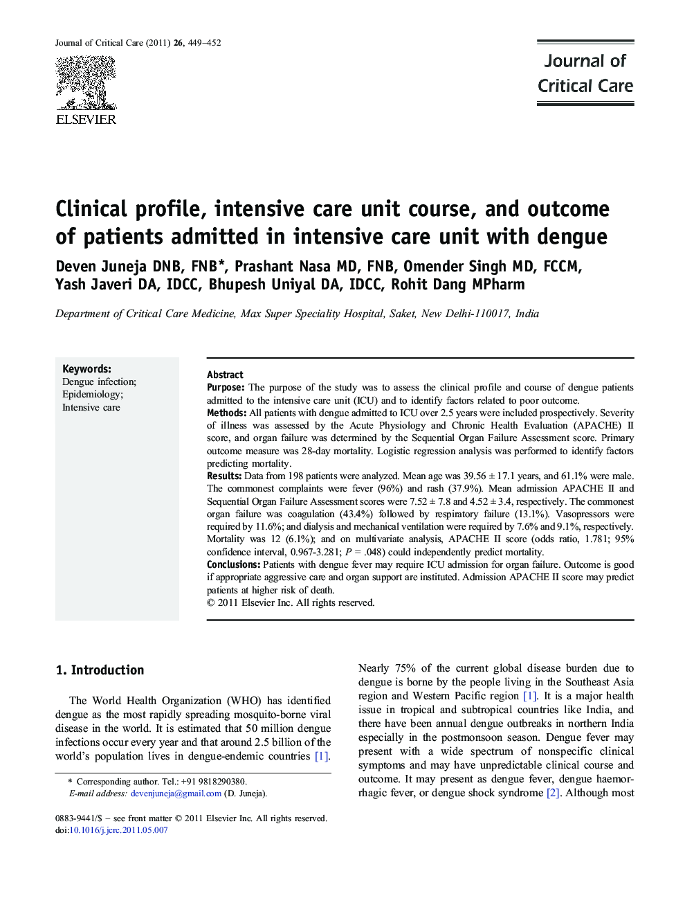Clinical profile, intensive care unit course, and outcome of patients admitted in intensive care unit with dengue