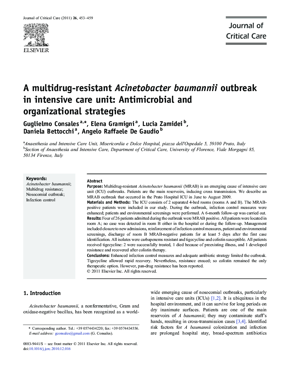 A multidrug-resistant Acinetobacter baumannii outbreak in intensive care unit: Antimicrobial and organizational strategies