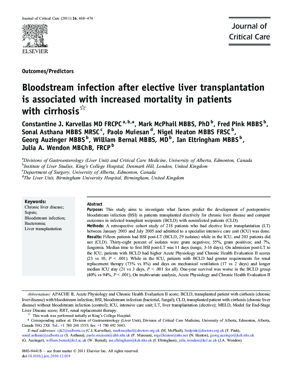 Bloodstream infection after elective liver transplantation is associated with increased mortality in patients with cirrhosis 
