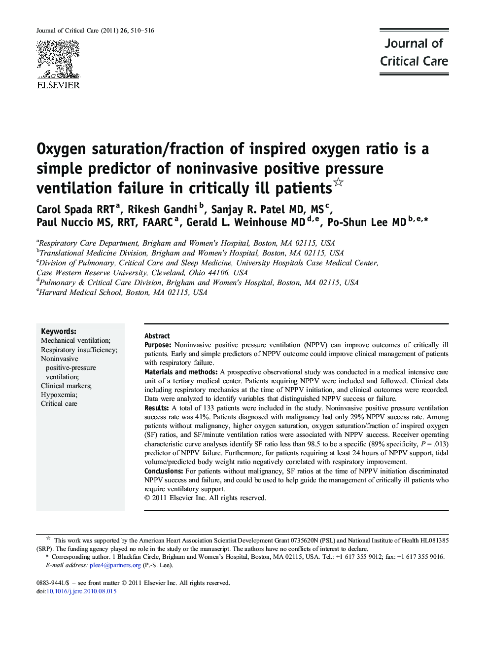 Oxygen saturation/fraction of inspired oxygen ratio is a simple predictor of noninvasive positive pressure ventilation failure in critically ill patients 