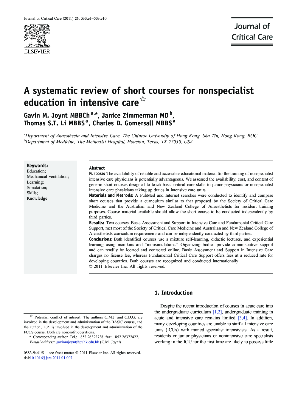 A systematic review of short courses for nonspecialist education in intensive care