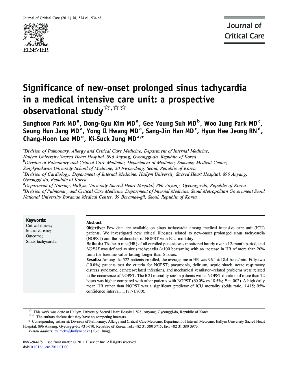 Significance of new-onset prolonged sinus tachycardia in a medical intensive care unit: a prospective observational study