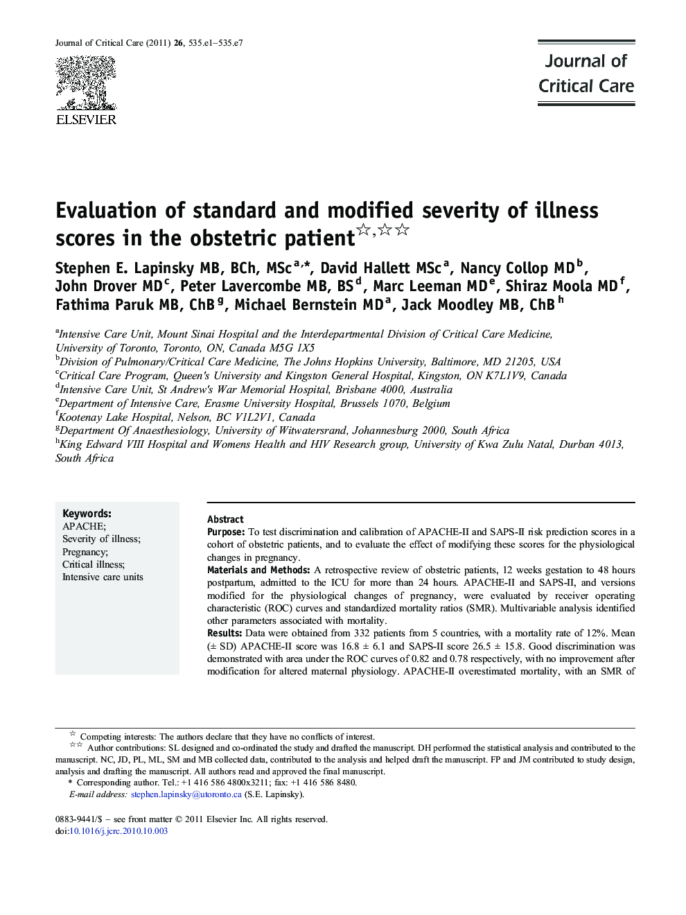 Evaluation of standard and modified severity of illness scores in the obstetric patient
